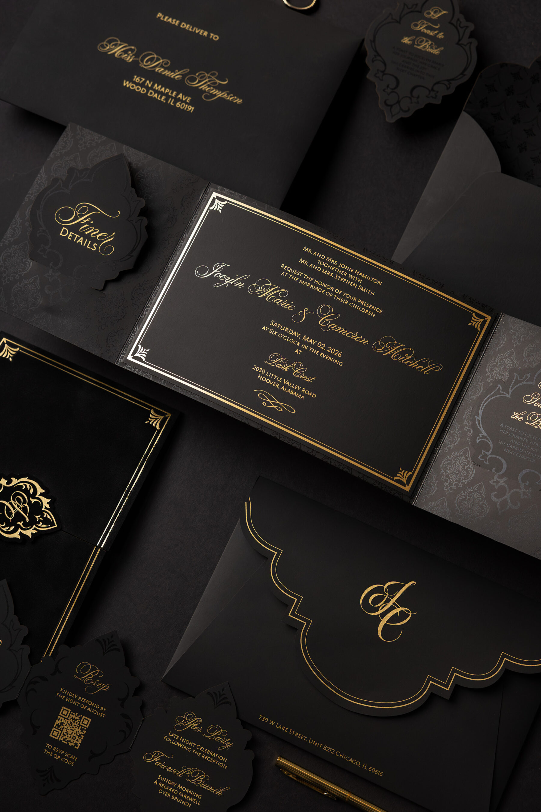 Luxury Black and Gold Wedding Invitation Suite in Atlanta